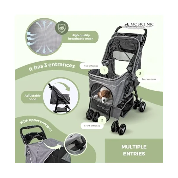 Mobiclinic® Pets Foldable Dog Pram, Up to 15 kg, Ideal for Small Dogs, Pet Stroller, Zuma, Wheels with 360° Brakes, XXL Basket, 3 Windows with Zip and Mosquito Net, Cup Holder