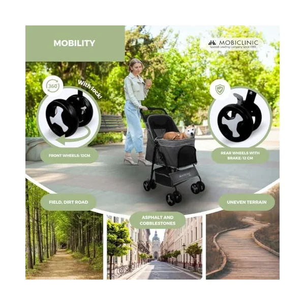 Mobiclinic® Pets Foldable Dog Pram, Up to 15 kg, Ideal for Small Dogs, Pet Stroller, Zuma, Wheels with 360° Brakes, XXL Basket, 3 Windows with Zip and Mosquito Net, Cup Holder