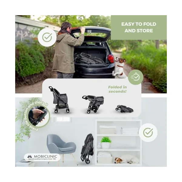 Mobiclinic® Pets Foldable Dog Pram, Up to 15 kg, Ideal for Small Dogs, Pet Stroller, Zuma, Wheels with 360° Brakes, XXL Basket, 3 Windows with Zip and Mosquito Net, Cup Holder