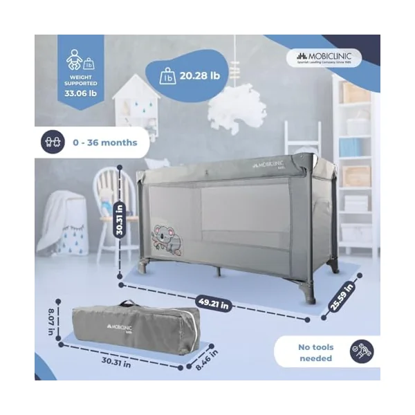 Mobiclinic®, Travel Cot, With Transport Bag, 2 in 1, Ultra-compact Folding, Removable Mattress, Mofli, up to 15kg, Breathable Fabric, Side Entrance with Zip, Wheels, Travel cot with side opening