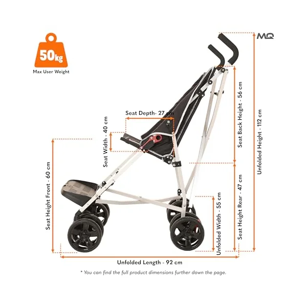 MobiQuip XL Disability Pushchair, Black - Special Needs Stroller for Older Children up to 50kg - Lightweight Folding Aluminium Frame - Adjustable Footplate & 5-Point Harness - Smooth & Portable