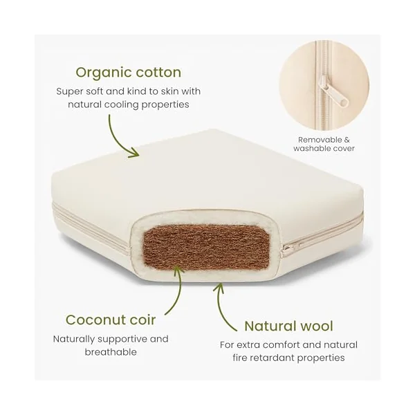 Mokee Natural Baby Cot Mattress, Breathable Mattress For Babies, Coconut Fibre and Natural Wool, Hypoallergenic Cot Bed Mattress (140 x 70)