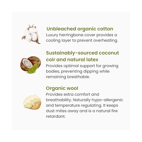 Mokee Natural Baby Cot Mattress, Breathable Mattress For Babies, Coconut Fibre and Natural Wool, Hypoallergenic Cot Bed Mattress (140 x 70)