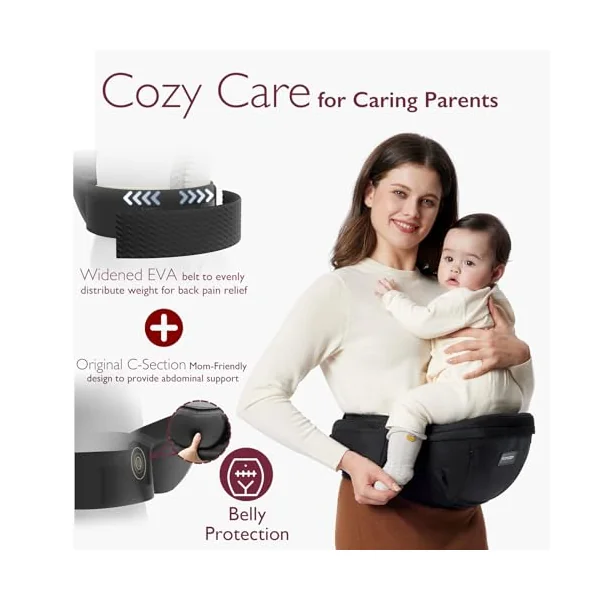 Momcozy Baby Hip Seat Carrier for 0-36 Months/3.2-20kg, 3D Belly Pad, Black | EVA Abdominal Pad, M-Shape Hip Seat, 30° Inclined Design, Multi-Pocket Storage, Lightweight Diaper Bag Function