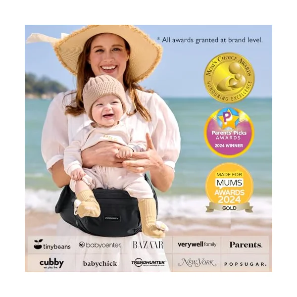 Momcozy Baby Hip Seat Carrier for 0-36 Months/3.2-20kg, 3D Belly Pad, Black | EVA Abdominal Pad, M-Shape Hip Seat, 30° Inclined Design, Multi-Pocket Storage, Lightweight Diaper Bag Function
