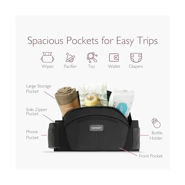 Momcozy Baby Hip Seat Carrier for 0-36 Months/3.2-20kg, 3D Belly Pad, Black | EVA Abdominal Pad, M-Shape Hip Seat, 30° Inclined Design, Multi-Pocket Storage, Lightweight Diaper Bag Function