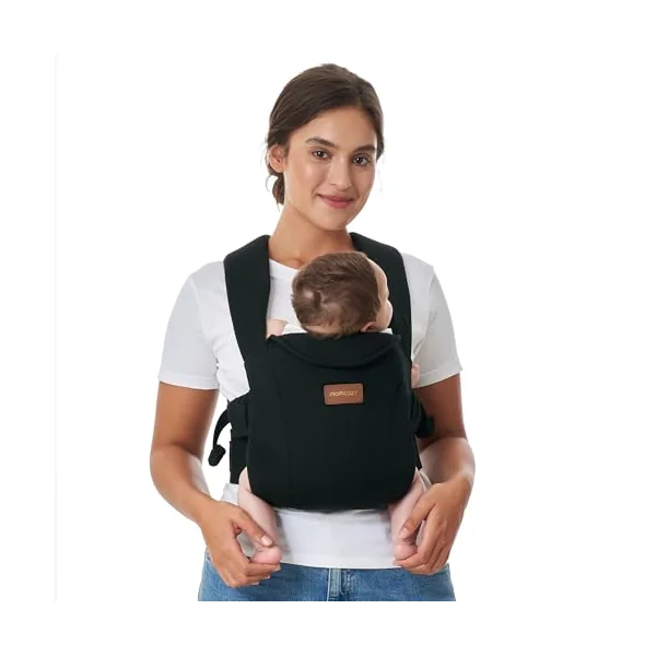 Momcozy WeeSnug Newborn Carrier for 3.2-11.3kg/Waist 64-127cm, Cotton Black | IHDI certified for healthy hip development, ergonomic M seat for newborns, easy slip on design, balanced lumbar support