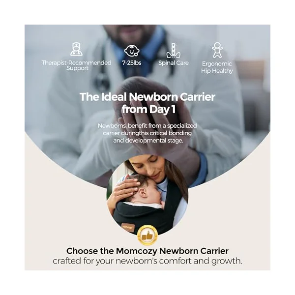 Momcozy WeeSnug Newborn Carrier for 3.2-11.3kg/Waist 64-127cm, Cotton Black | IHDI certified for healthy hip development, ergonomic M seat for newborns, easy slip on design, balanced lumbar support