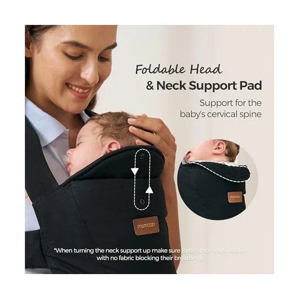 Momcozy WeeSnug Newborn Carrier for 3.2-11.3kg/Waist 64-127cm, Cotton Black | IHDI certified for healthy hip development, ergonomic M seat for newborns, easy slip on design, balanced lumbar support