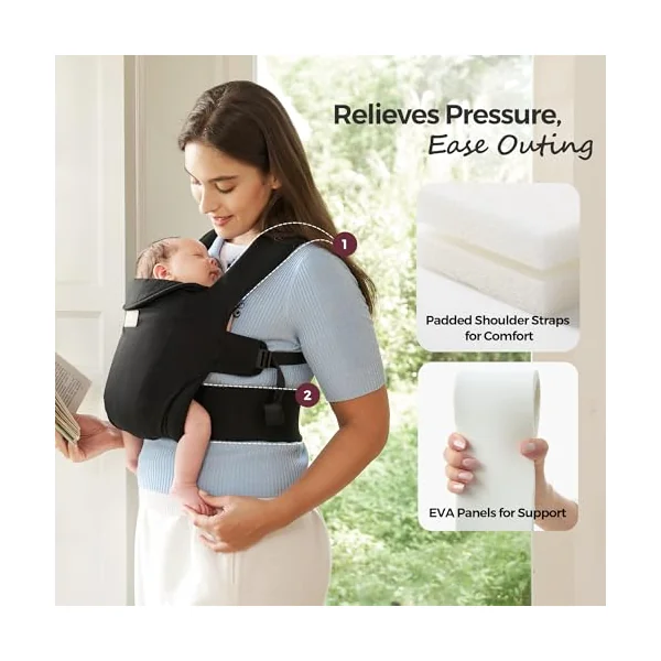 Momcozy WeeSnug Newborn Carrier for 3.2-11.3kg/Waist 64-127cm, Cotton Black | IHDI certified for healthy hip development, ergonomic M seat for newborns, easy slip on design, balanced lumbar support