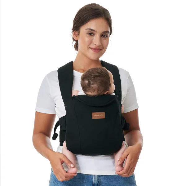 Momcozy WeeSnug Newborn Carrier for 3.2-11.3kg/Waist 64-127cm, Cotton Black | IHDI certified for healthy hip development, ergonomic M seat for newborns, easy slip on design, balanced lumbar support