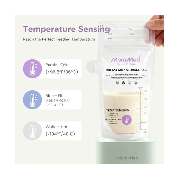 MOMMED 50pcs Breast Milk Storage Bags, 180ml/6oz BPA-Free Breastmilk Bags with Pour Spout, Temp-Sensing Discoloration, Double-Zip Leakproof Freezer Milk Bags, Pre-Sterilised Self-Standing Pouches
