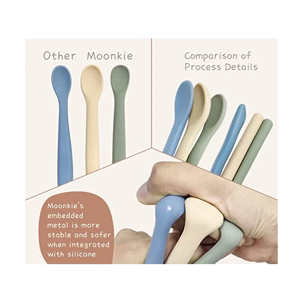 Moonkie Silicone Baby Spoons Set of 4, Soft-Tip Spoons for First Stage Infant Feeding, Bendable, Chewproof Baby Training Spoon Baby Utensils, Ideal for Self-Feeding and Baby Led Weaning (SP-02)