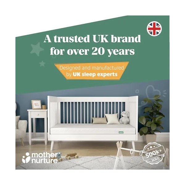 Mother Nurture Classic Eco Fibre Cot Bed Mattress -Reversible, Water Resistant, Baby Cot Mattress, Firm & Supportive, Hypoallergenic Easy Clean Quilted Cover, White, BSI Tested - Size 120 x 60 x 10cm