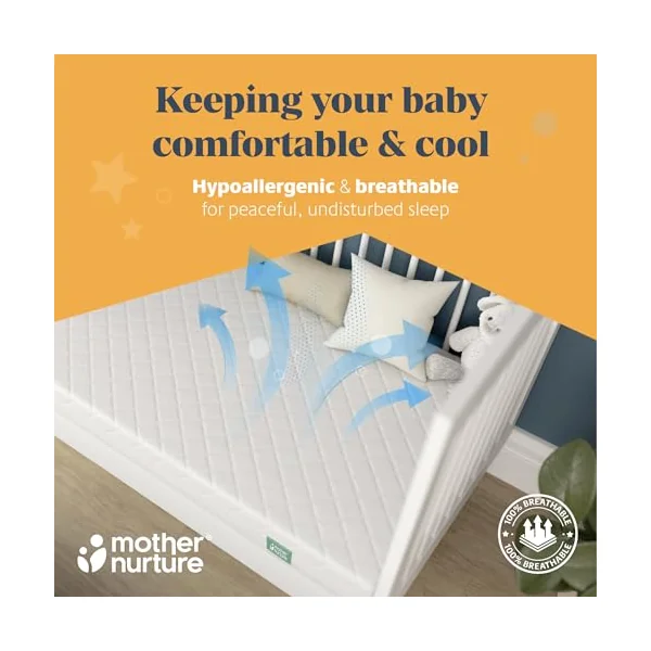 Mother Nurture Classic Eco Fibre Cot Bed Mattress -Reversible, Water Resistant, Baby Cot Mattress, Firm & Supportive, Hypoallergenic Easy Clean Quilted Cover, White, BSI Tested - Size 120 x 60 x 10cm