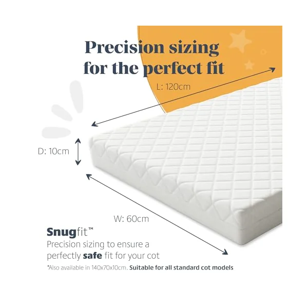 Mother Nurture Classic Eco Fibre Cot Bed Mattress -Reversible, Water Resistant, Baby Cot Mattress, Firm & Supportive, Hypoallergenic Easy Clean Quilted Cover, White, BSI Tested - Size 120 x 60 x 10cm