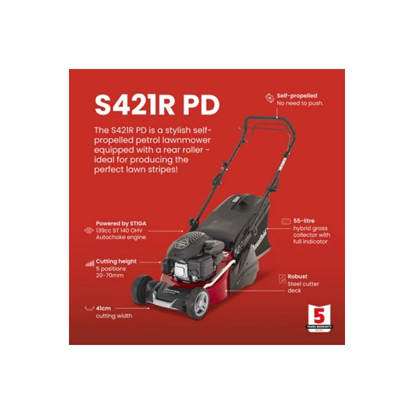 Mountfield S421RPD Petrol Lawnmower Self-Propelled Rear Roller 41cm