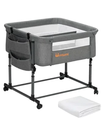 MTWML Twin Bassinet 2 Baby Portable Twins Crib with Storage Bag and Interchangeable Mattress Cover Adjustable Height Double Bedside Crib with Straps Attaches to Bed for 0-6 Months Twins (Deep Grey)