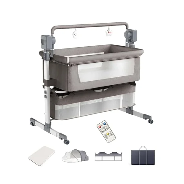 Multi-Function Bedside Co-Sleeper Portable Travel Cot,Light Grey | 3 Height Adjustable Settings, Breathable Mesh, Convenient Storage Basket & Rolling Wheels