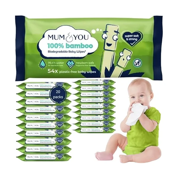 Mum & You Bamboo Baby Wipes Multipack - 100% Biodegradable Wet Bamboo Wipes (20 Packs), 99.4% Water| Ideal Wipes for Sensitive Newborn Skin, Wet Tissue