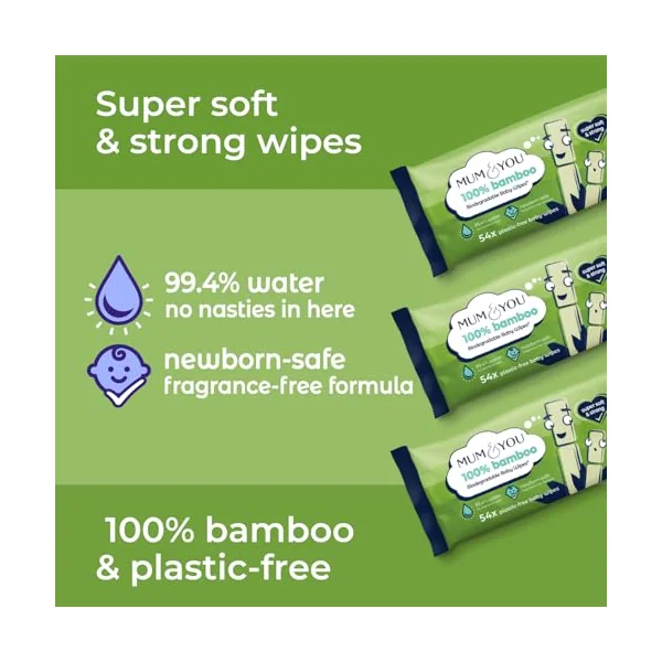 Mum & You Bamboo Baby Wipes Multipack - 100% Biodegradable Wet Bamboo Wipes (20 Packs), 99.4% Water| Ideal Wipes for Sensitive Newborn Skin, Wet Tissue