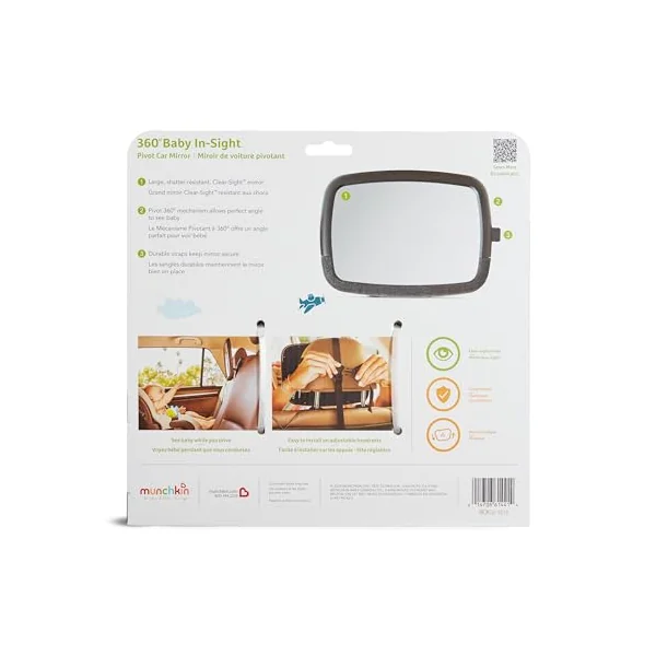 Munchkin Brica 360 Pivot Baby in-Sight Wide-Angle Adjustable Car Mirror, Crash Tested & Shatter Resistant, Black
