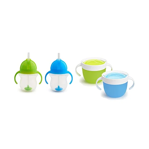 Munchkin Click Lock Tip and Sip Weighted Flexi Straw Cup, 7 oz/207 ml, Blue/Green, Pack of 2 & 2 Piece Snack Catcher, Blue/Green