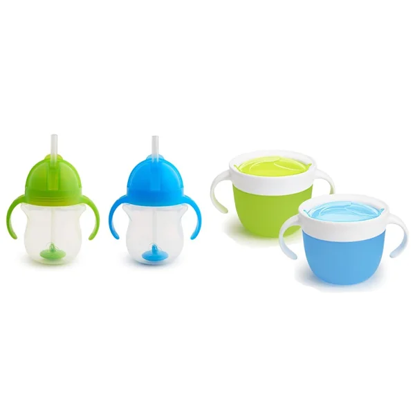 Munchkin Click Lock Tip and Sip Weighted Flexi Straw Cup, 7 oz/207 ml, Blue/Green, Pack of 2 & 2 Piece Snack Catcher, Blue/Green
