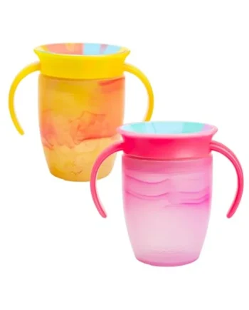 Munchkin Miracle 360 6+ Month 7oz Baby Sippy Cups (2-Pack). Trainer Cup, Spill-Free, Dishwasher-Safe Baby Water Bottle with Easy-Grip Handles. (Pink/Yellow)