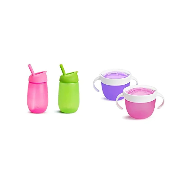 Munchkin Simple Clean Straw Cup, 10oz/296ml, 2 Pack, Green/Pink & Snack Catcher for Toddlers, Baby Snack, Pink/Purple, 2 Pack