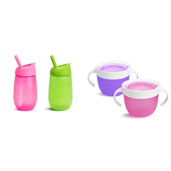 Munchkin Simple Clean Straw Cup, 10oz/296ml, 2 Pack, Green/Pink & Snack Catcher for Toddlers, Baby Snack, Pink/Purple, 2 Pack