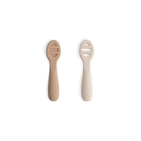 Mushie First Feeding Baby Spoons | BPA-Free Silicone Learning Spoons 2-Pack | Dishwasher Safe Durable Toddler Utensils | Natural/Shifting Sand