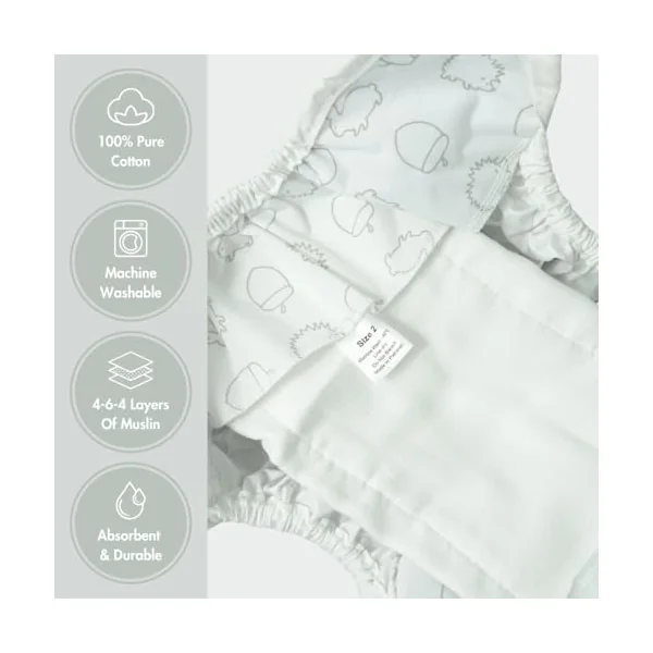 MuslinZ 6 Pack Prefold Cloth Nappies White Cotton Muslin Cloth Diaper Baby Reusable Nappy (Size 2)