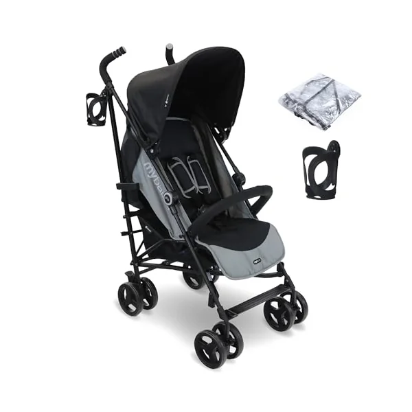 My Babiie MB02 Plus Stroller - from Birth to 4 Years (22kg), Lightweight & Compact Umbrella Fold, Travel Buggy for Toddlers, Pushchair Includes Cup Holder and Rain Cover - Black & Grey