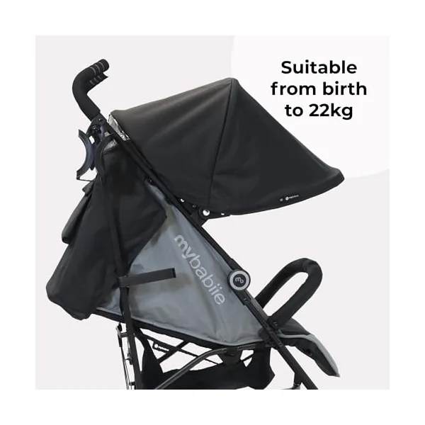 My Babiie MB02 Plus Stroller - from Birth to 4 Years (22kg), Lightweight & Compact Umbrella Fold, Travel Buggy for Toddlers, Pushchair Includes Cup Holder and Rain Cover - Black & Grey