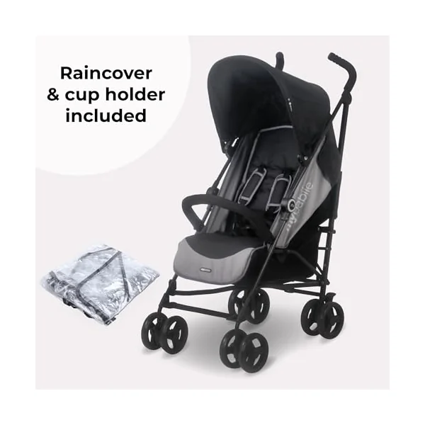 My Babiie MB02 Plus Stroller - from Birth to 4 Years (22kg), Lightweight & Compact Umbrella Fold, Travel Buggy for Toddlers, Pushchair Includes Cup Holder and Rain Cover - Black & Grey