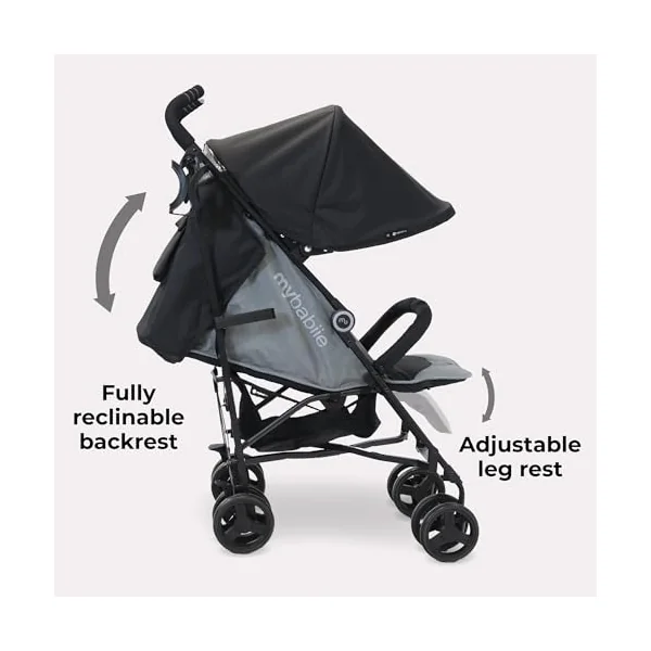 My Babiie MB02 Plus Stroller - from Birth to 4 Years (22kg), Lightweight & Compact Umbrella Fold, Travel Buggy for Toddlers, Pushchair Includes Cup Holder and Rain Cover - Black & Grey