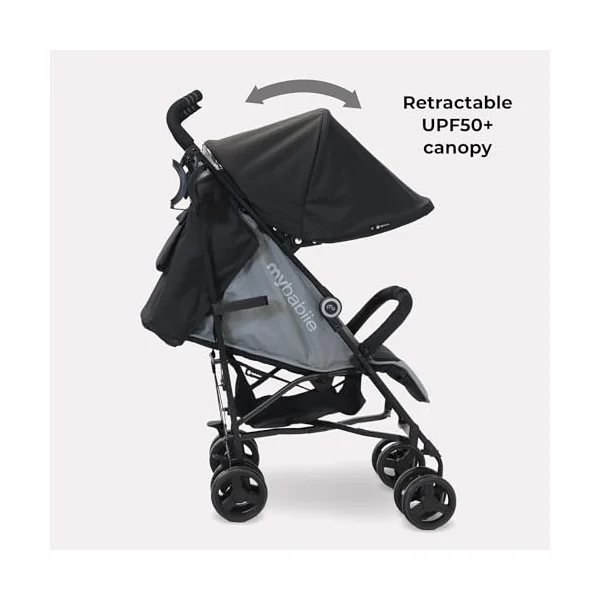My Babiie MB02 Plus Stroller - from Birth to 4 Years (22kg), Lightweight & Compact Umbrella Fold, Travel Buggy for Toddlers, Pushchair Includes Cup Holder and Rain Cover - Black & Grey