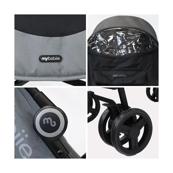 My Babiie MB02 Plus Stroller - from Birth to 4 Years (22kg), Lightweight & Compact Umbrella Fold, Travel Buggy for Toddlers, Pushchair Includes Cup Holder and Rain Cover - Black & Grey