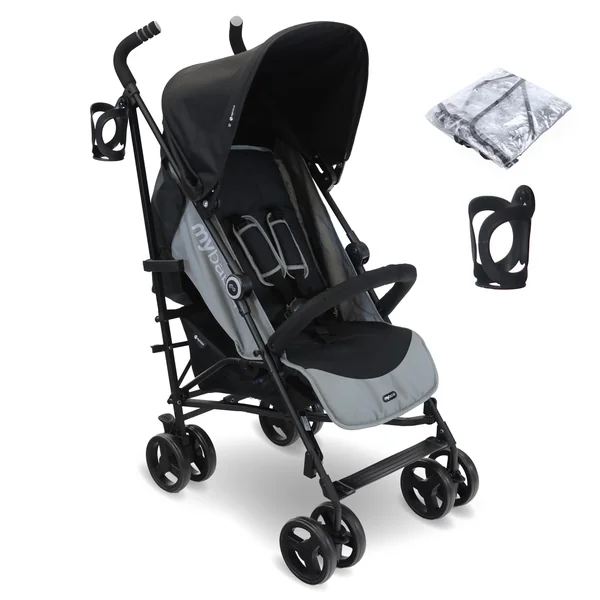 My Babiie MB02 Plus Stroller - from Birth to 4 Years (22kg), Lightweight & Compact Umbrella Fold, Travel Buggy for Toddlers, Pushchair Includes Cup Holder and Rain Cover - Black & Grey