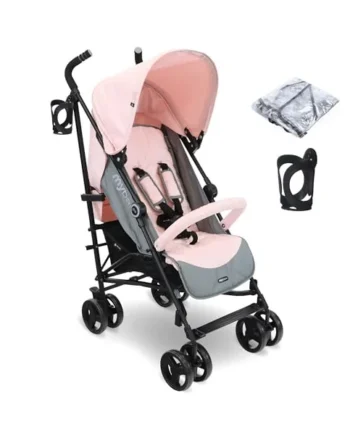 My Babiie MB02 Plus Stroller - from Birth to 4 Years (22kg), Lightweight & Compact Umbrella Fold, Travel Buggy for Toddlers, Pushchair Includes Cup Holder and Rain Cover - Pink & Grey