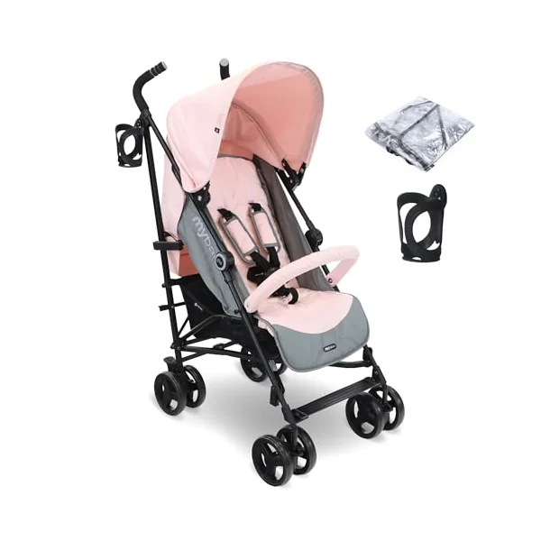My Babiie MB02 Plus Stroller - from Birth to 4 Years (22kg), Lightweight & Compact Umbrella Fold, Travel Buggy for Toddlers, Pushchair Includes Cup Holder and Rain Cover - Pink & Grey
