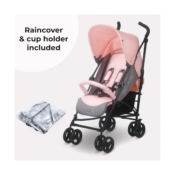 My Babiie MB02 Plus Stroller - from Birth to 4 Years (22kg), Lightweight & Compact Umbrella Fold, Travel Buggy for Toddlers, Pushchair Includes Cup Holder and Rain Cover - Pink & Grey