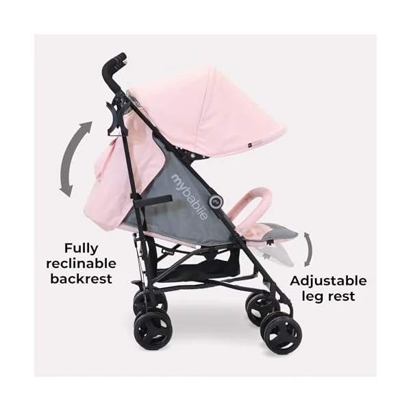 My Babiie MB02 Plus Stroller - from Birth to 4 Years (22kg), Lightweight & Compact Umbrella Fold, Travel Buggy for Toddlers, Pushchair Includes Cup Holder and Rain Cover - Pink & Grey