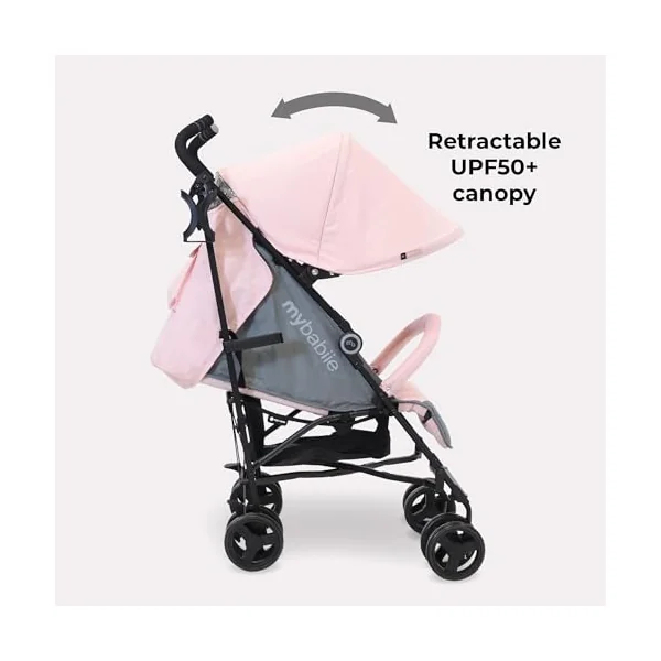 My Babiie MB02 Plus Stroller - from Birth to 4 Years (22kg), Lightweight & Compact Umbrella Fold, Travel Buggy for Toddlers, Pushchair Includes Cup Holder and Rain Cover - Pink & Grey