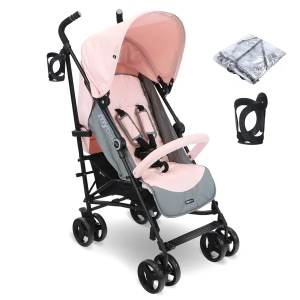 My Babiie MB02 Plus Stroller - from Birth to 4 Years (22kg), Lightweight & Compact Umbrella Fold, Travel Buggy for Toddlers, Pushchair Includes Cup Holder and Rain Cover - Pink & Grey