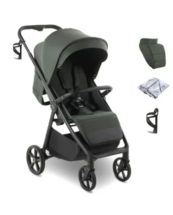 My Babiie MB170 Plus Pushchair – from Birth to 4 Years (22kg), 4-Wheel Suspension, Large Basket, XL Canopy, Foldable, Compact, Stroller with Footmuff, Cup Holder, Rain Cover – Green