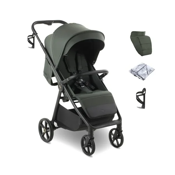 My Babiie MB170 Plus Pushchair – from Birth to 4 Years (22kg), 4-Wheel Suspension, Large Basket, XL Canopy, Foldable, Compact, Stroller with Footmuff, Cup Holder, Rain Cover – Green