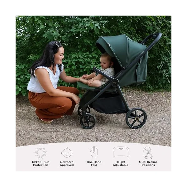 My Babiie MB170 Plus Pushchair – from Birth to 4 Years (22kg), 4-Wheel Suspension, Large Basket, XL Canopy, Foldable, Compact, Stroller with Footmuff, Cup Holder, Rain Cover – Green