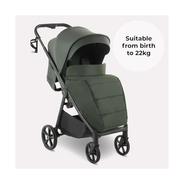 My Babiie MB170 Plus Pushchair – from Birth to 4 Years (22kg), 4-Wheel Suspension, Large Basket, XL Canopy, Foldable, Compact, Stroller with Footmuff, Cup Holder, Rain Cover – Green
